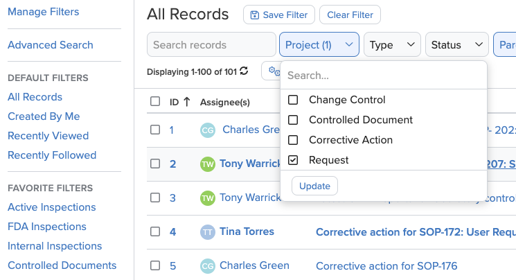 ACE Inspection Request Filters